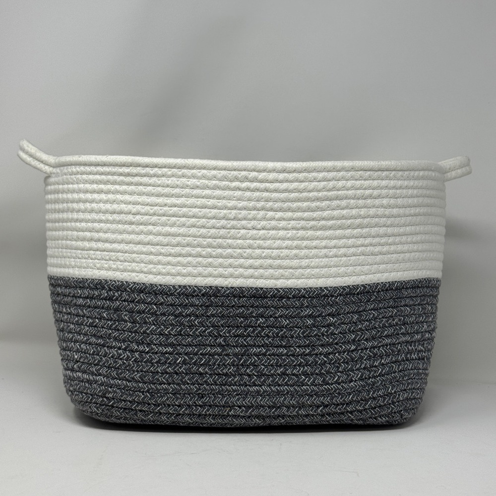 Goodpick Woven Cotton Rope Basket Two Tone Gray White Oval Storage Bin Handle